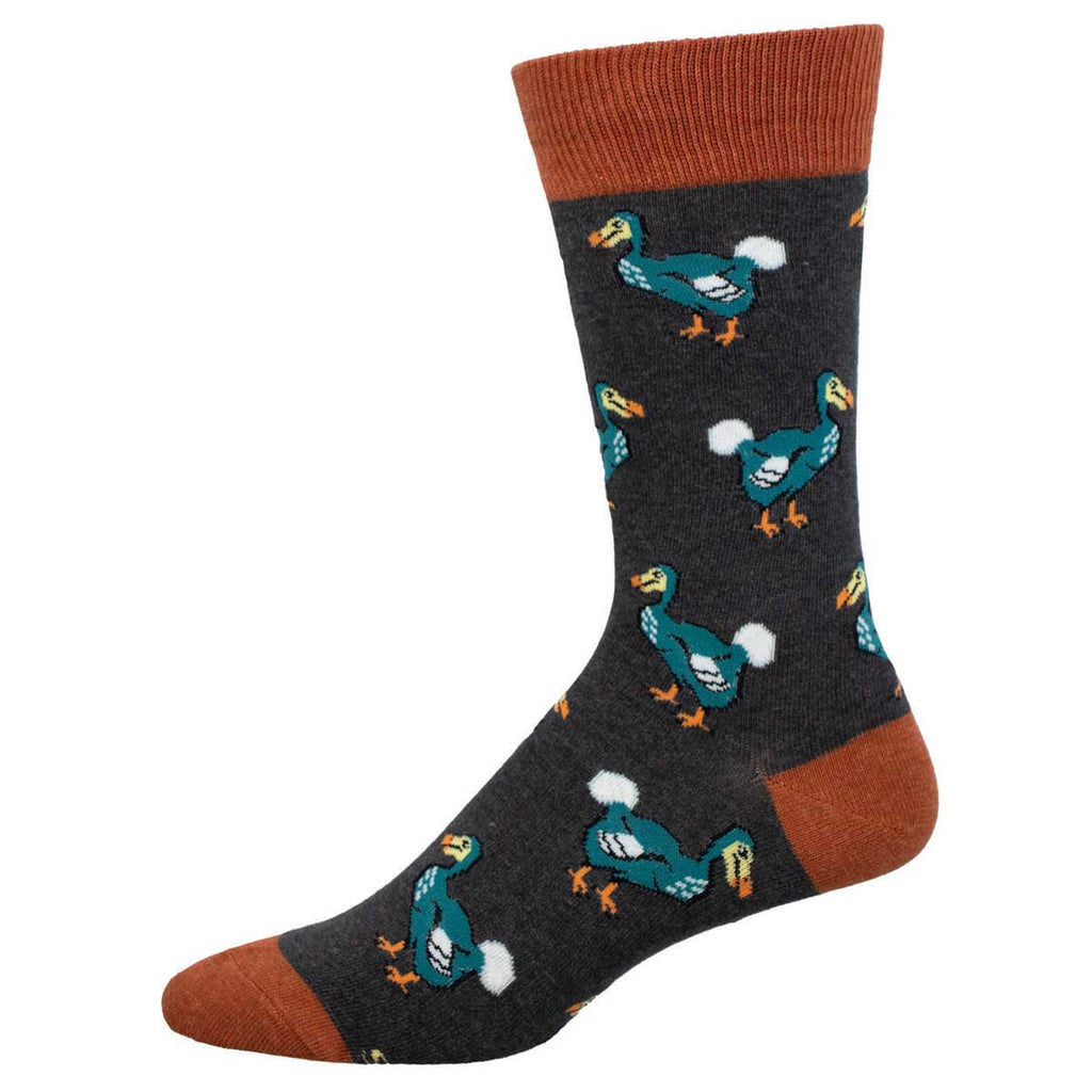 Men's dodo crew socks, charcoal with teal dodo birds, flat studio shot