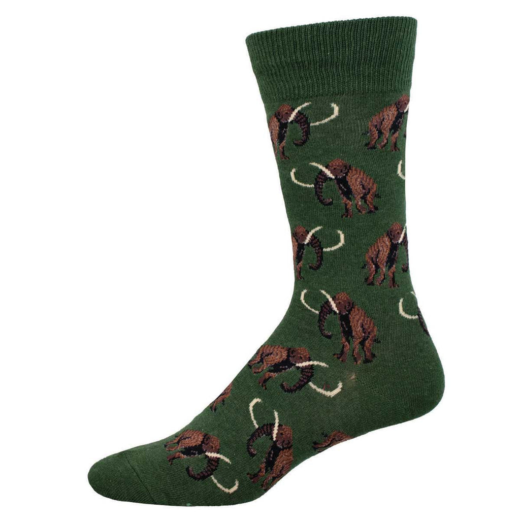Men's woolly mammoth crew socks, green with brown mammoths and tusks, flat studio shot