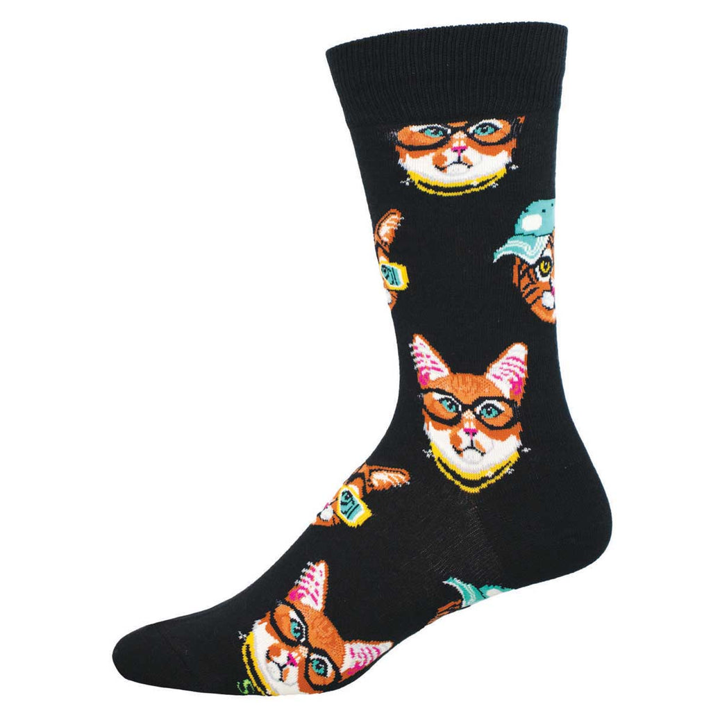 Men's cool cat crew socks, black with ginger cats wearing glasses and caps, flat studio shot