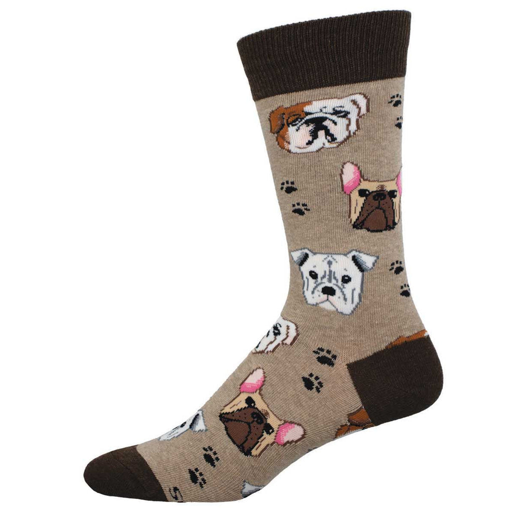 Men's bulldog crew socks, tan with English and French bulldog faces and paw prints, flat studio shot