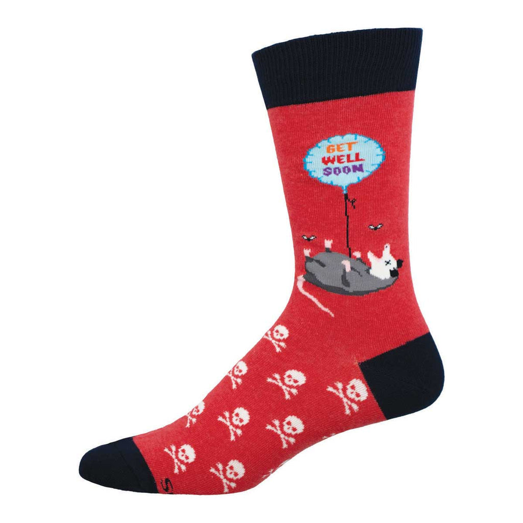 Men's Get Well Soon crew socks, single sock side view with flat cat, balloon, and skull-print foot on red