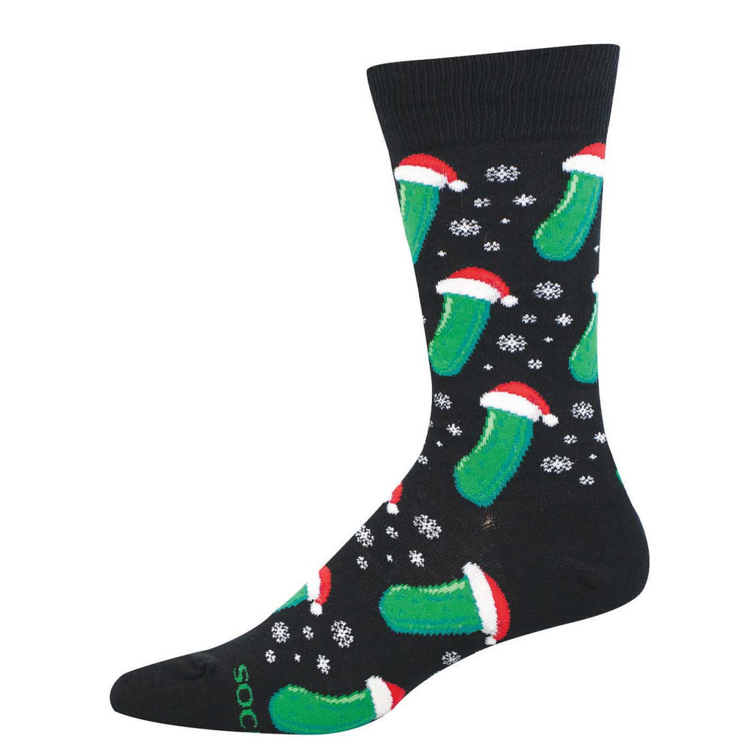 Men's Christmas pickle crew socks in black, flat lay side view