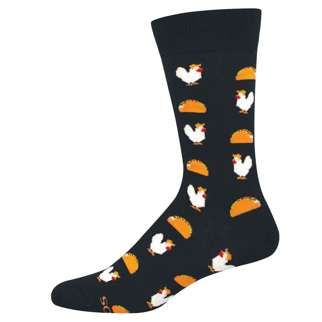 Black men's crew socks with chicken and taco pattern on white background