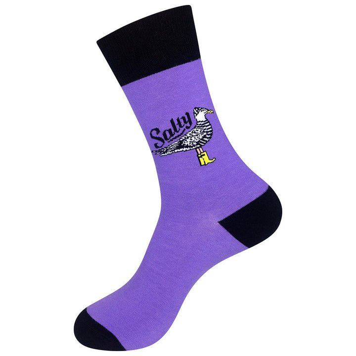 Lavender Salty socks left foot with seagull and text detail