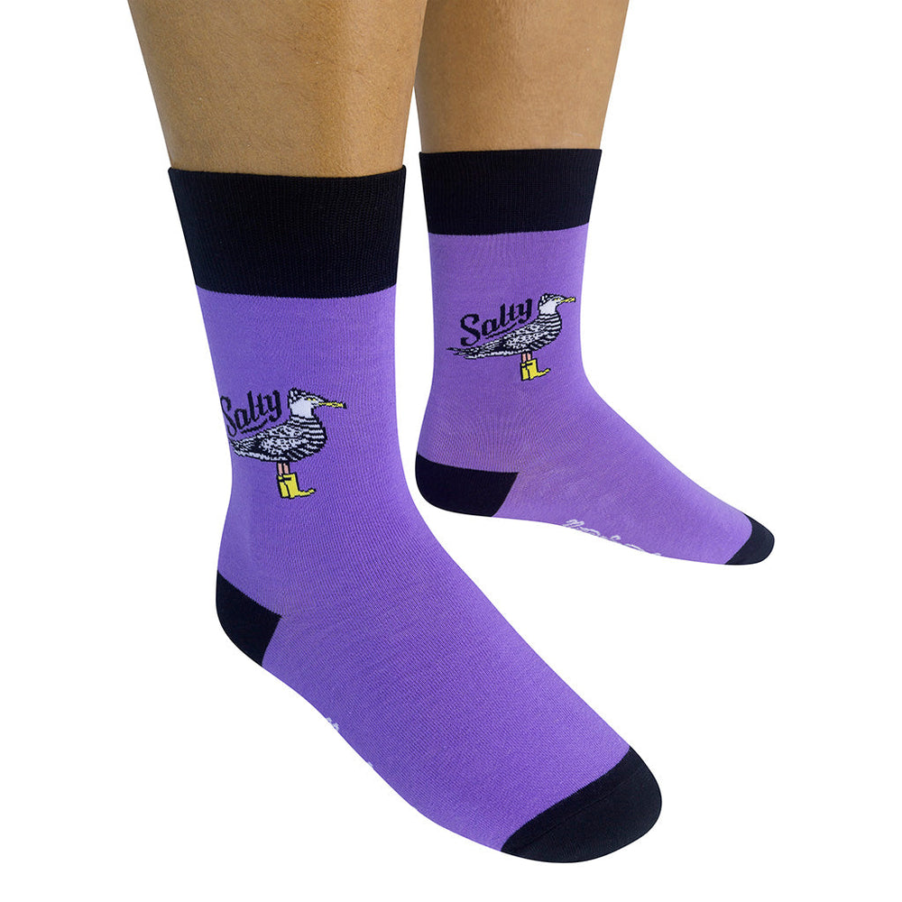 Person wearing Salty seagull socks showing full design