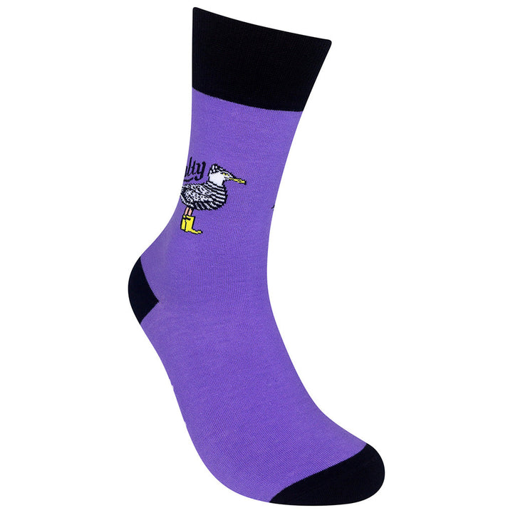 Salty seagull socks right angle view showing full graphic