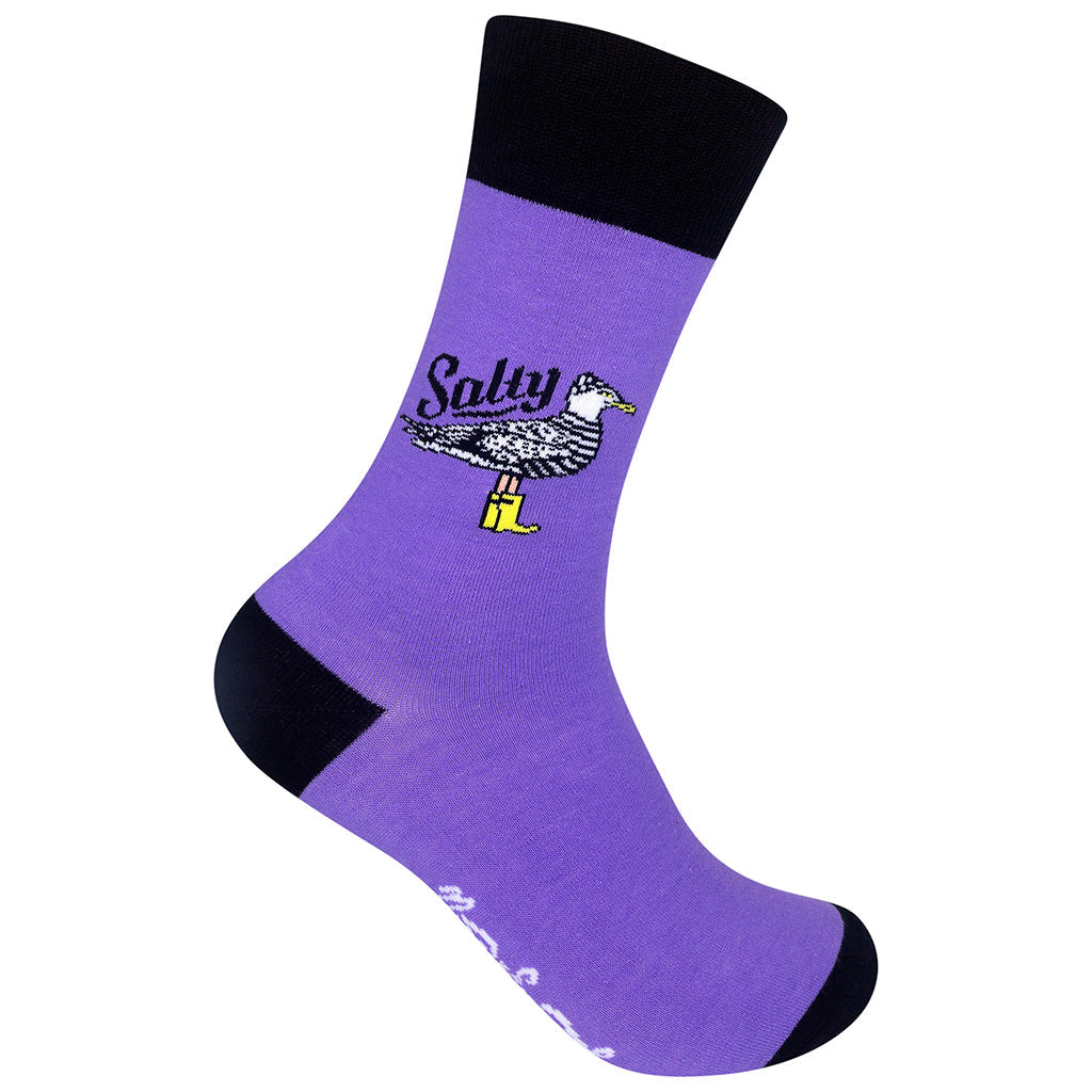 Salty lavender crew socks with grumpy seagull - right foot view