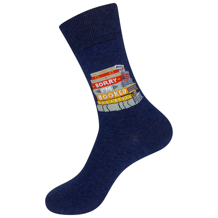 Navy book socks left foot showing colorful spine details
