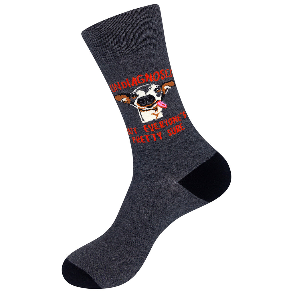 Undiagnosed gray socks left foot with red text detail