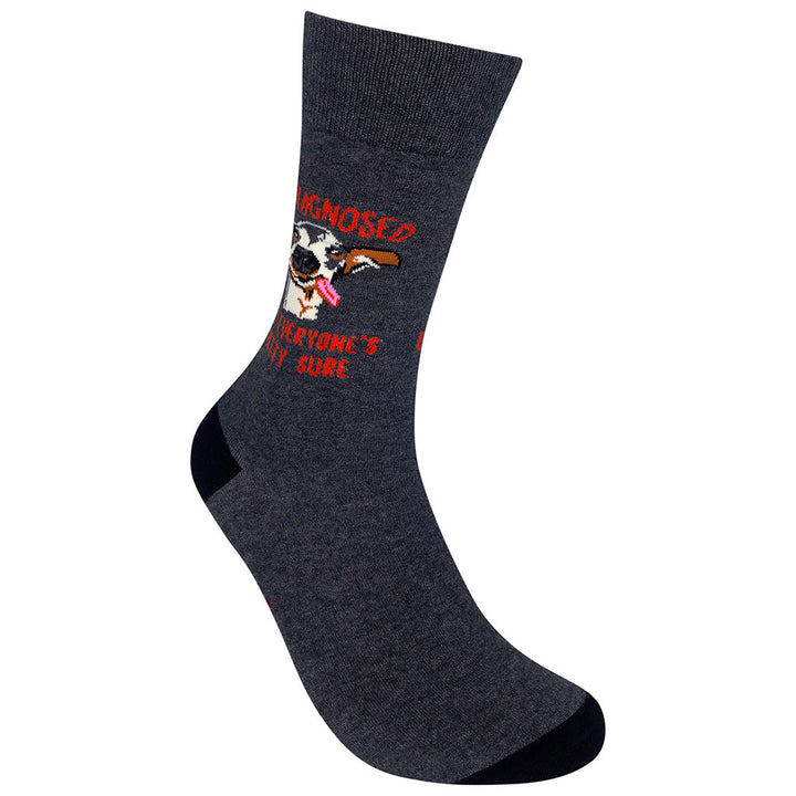 Undiagnosed socks right angle showing full derpy dog graphic