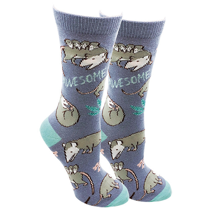 Awesome Possum blue women's crew socks with possums, flat product shot