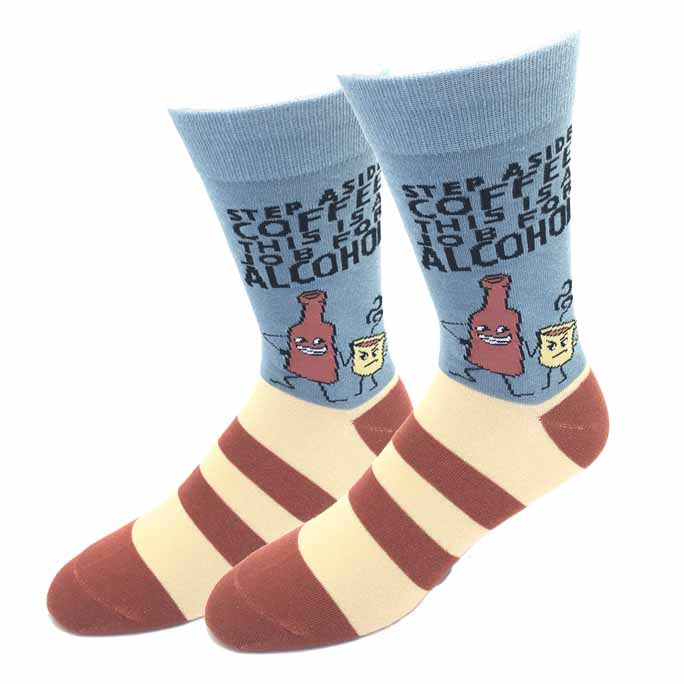 Move Over Coffee blue men's crew socks with coffee-and-cocktail design, flat product shot