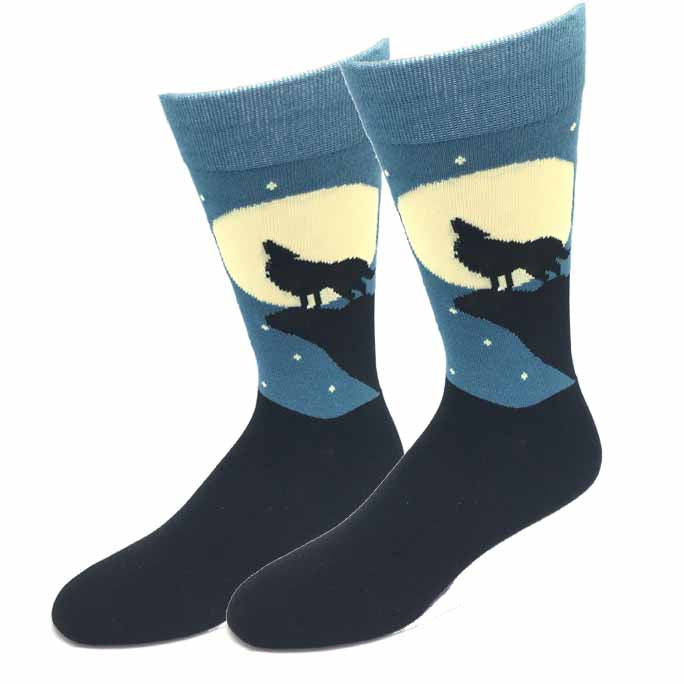 Wolf Howl black unisex crew socks with wolves howling at the moon, flat product shot