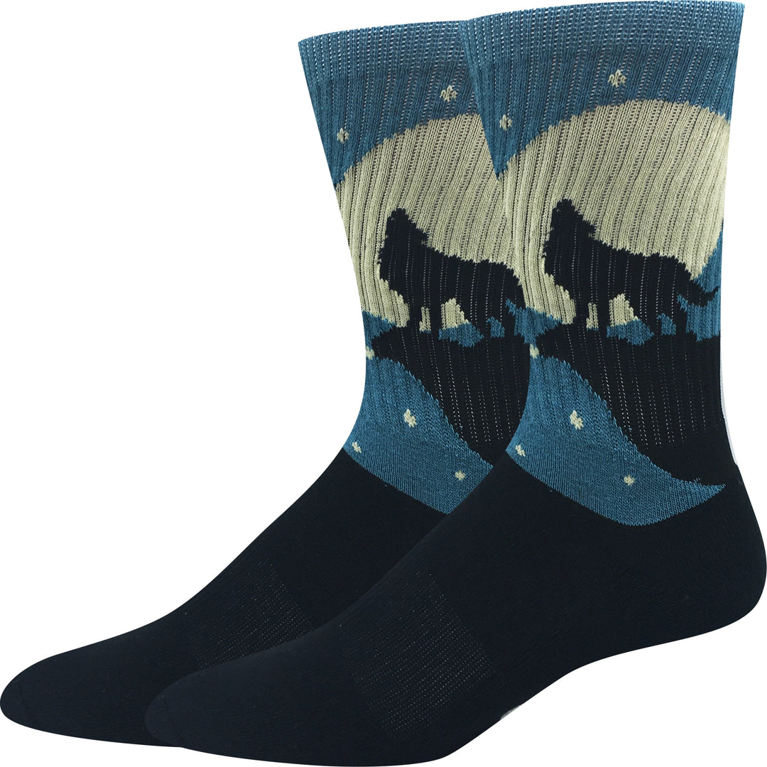 Wolf Howl Active blue men's athletic crew socks with howling wolves, flat product shot