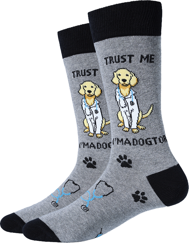 I'm a Dogtor grey men's crew socks with lab-coat dogs, flat product shot