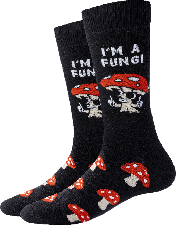Men's "I'm A Fungi" black mushroom socks with red toadstools, flat pair view