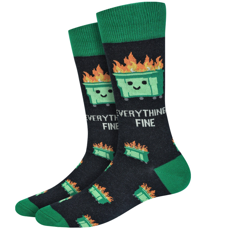 Men's dumpster fire crew socks, flat pair view with smiling flaming dumpsters and 'Everything Fine' text