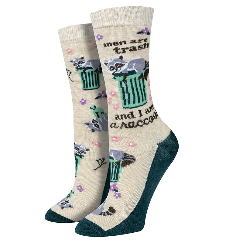 Men Are Trash heather tan crew socks with raccoons and dumpsters