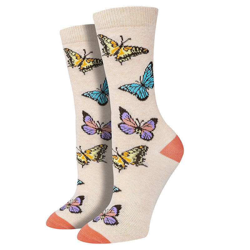 Butterfly Redux pink crew socks with colorful butterflies