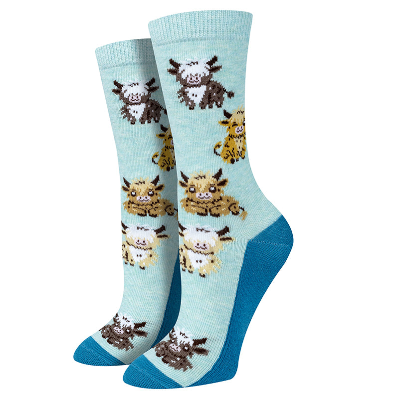 Highland Cows teal crew socks with Highland cow pattern