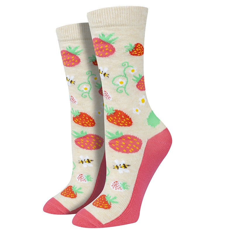 Strawberries Redux oatmeal heather crew socks with strawberry pattern