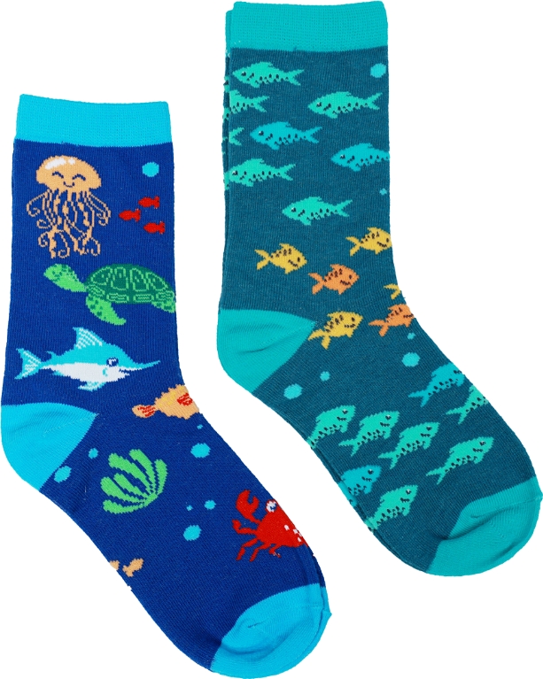Marine Life & Fish navy kids 2-pack crew socks with sea creatures, flat product shot