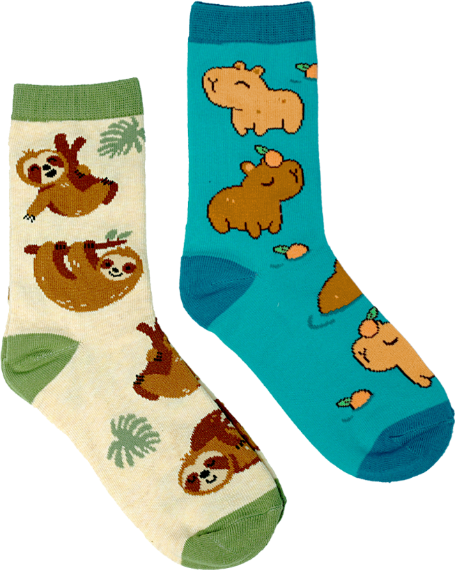Sloths & Capybaras oatmeal heather kids 2-pack crew socks, flat product shot