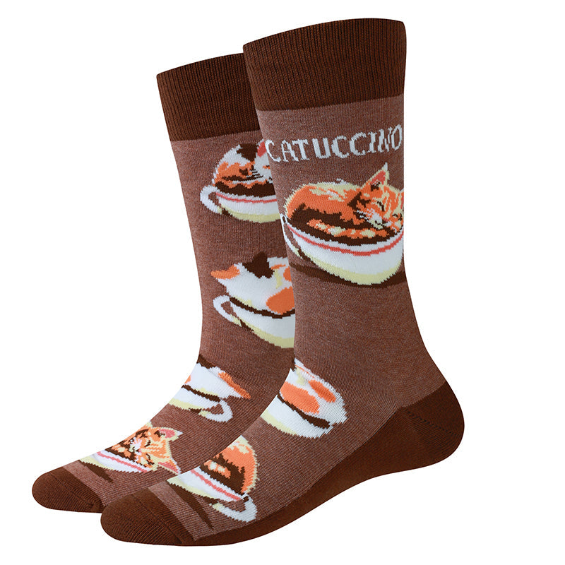 Catuccino heather brown men's crew socks with cats in coffee cups, flat product shot