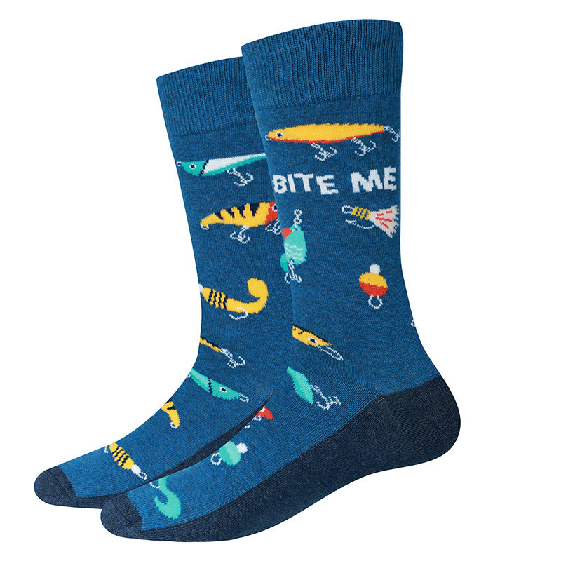 Bite Me Fishing navy men's crew socks with fishing lures and hooks, flat product shot