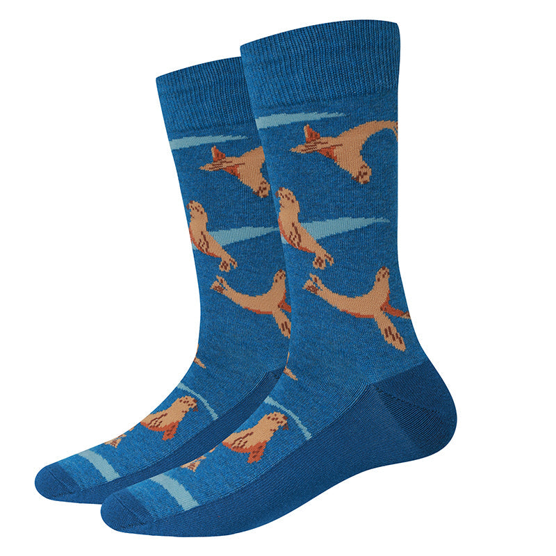 Sea Lion navy men's crew socks with scattered sea lions, flat product shot