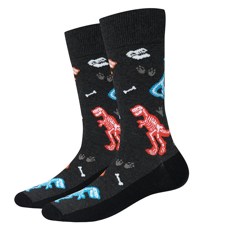 Dinosaur Bones black men's crew socks with x-ray dinosaur skeletons, flat product shot