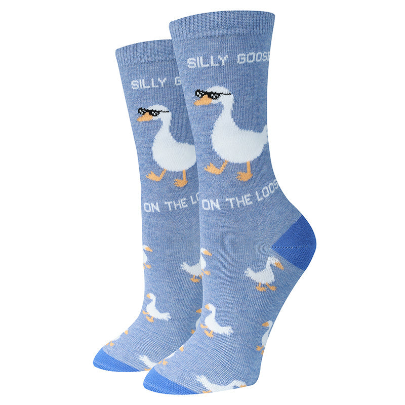 Silly Goose heather purple women's crew socks with a goofy goose, flat product shot