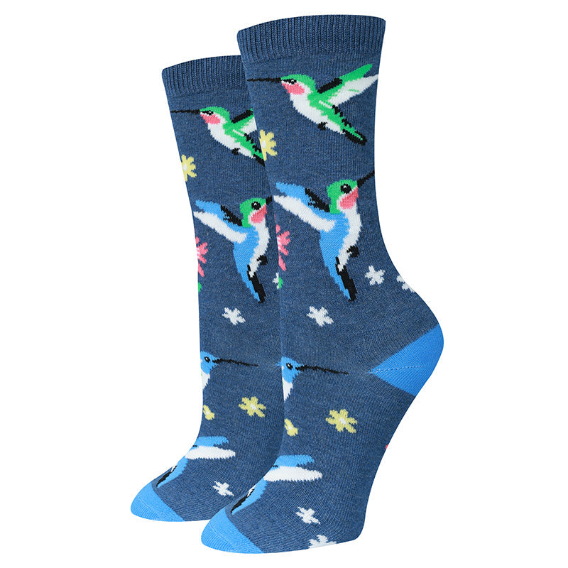 Hummingbird heather navy women's crew socks with hummingbirds, flat product shot