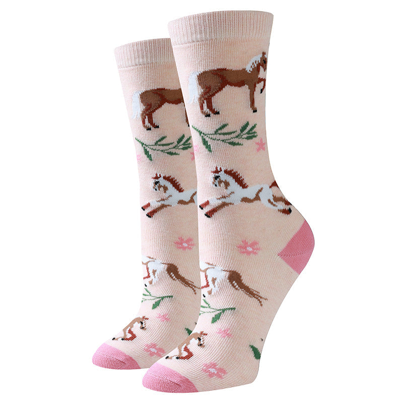 Wild Horse light pink women's crew socks with running horses, flat product shot