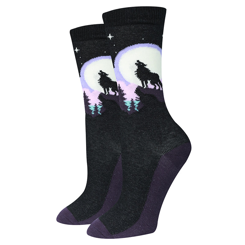 Wolf Song Moon black women's crew socks with howling wolves and moons, flat product shot