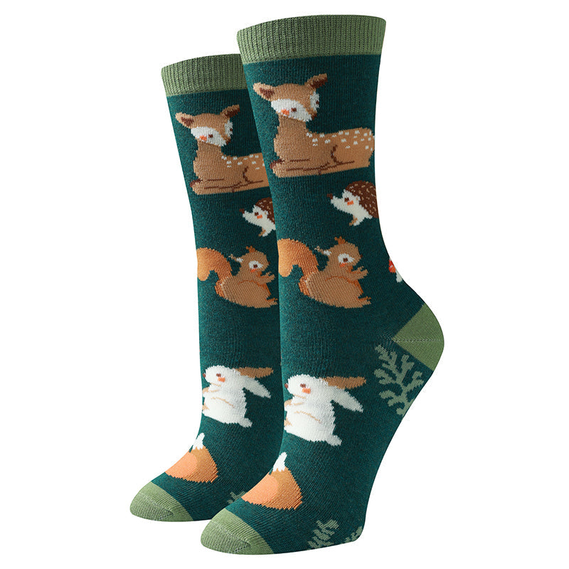 Forest Friends green women's crew socks with woodland animals, flat product shot
