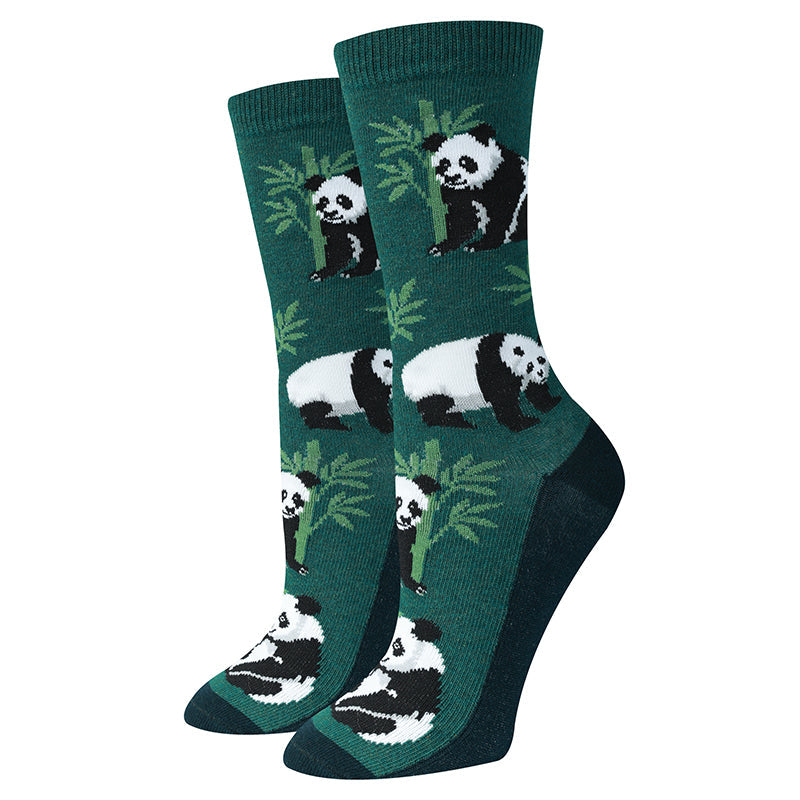Giant Panda green women's crew socks with bamboo-eating pandas, flat product shot