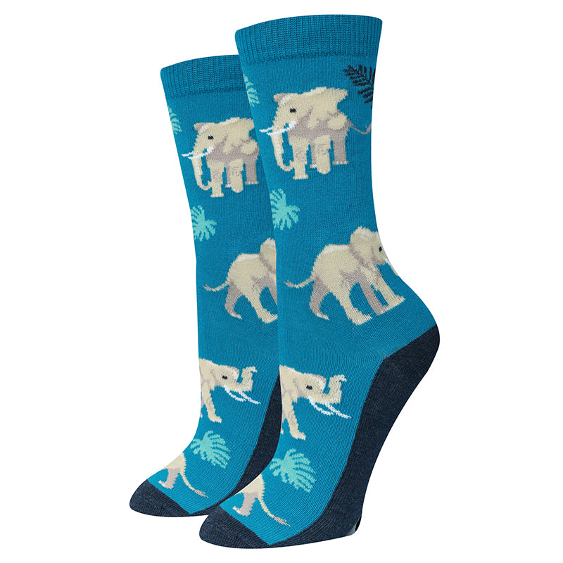 Elephant Icon blue women's crew socks with a herd of elephants, flat product shot