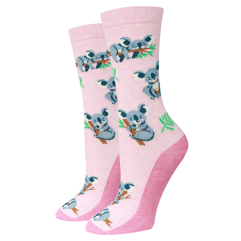 Koala blush pink women's crew socks with sleepy koalas, flat product shot