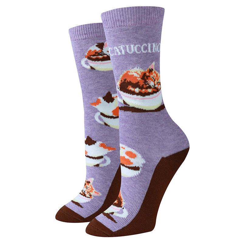 Catuccino heather purple women's crew socks with cats in coffee cups, flat product shot