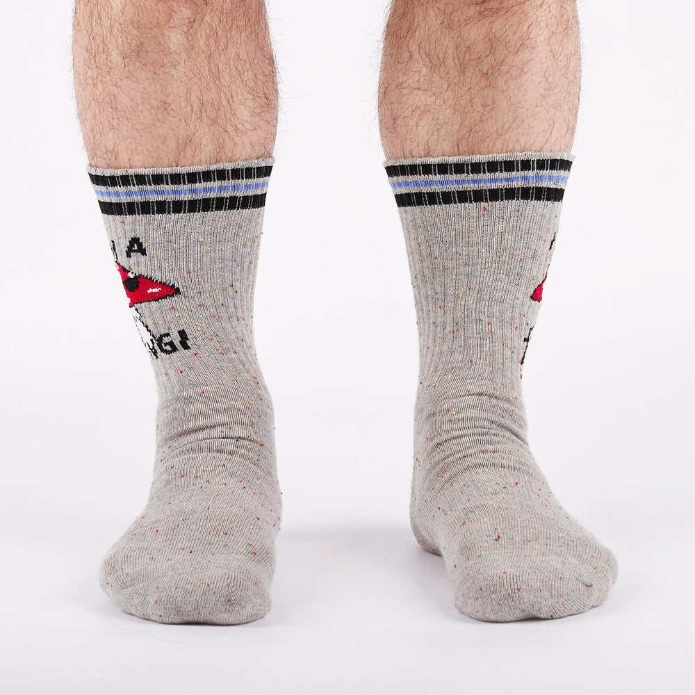Men's mushroom ribbed crew socks worn, front view on legs