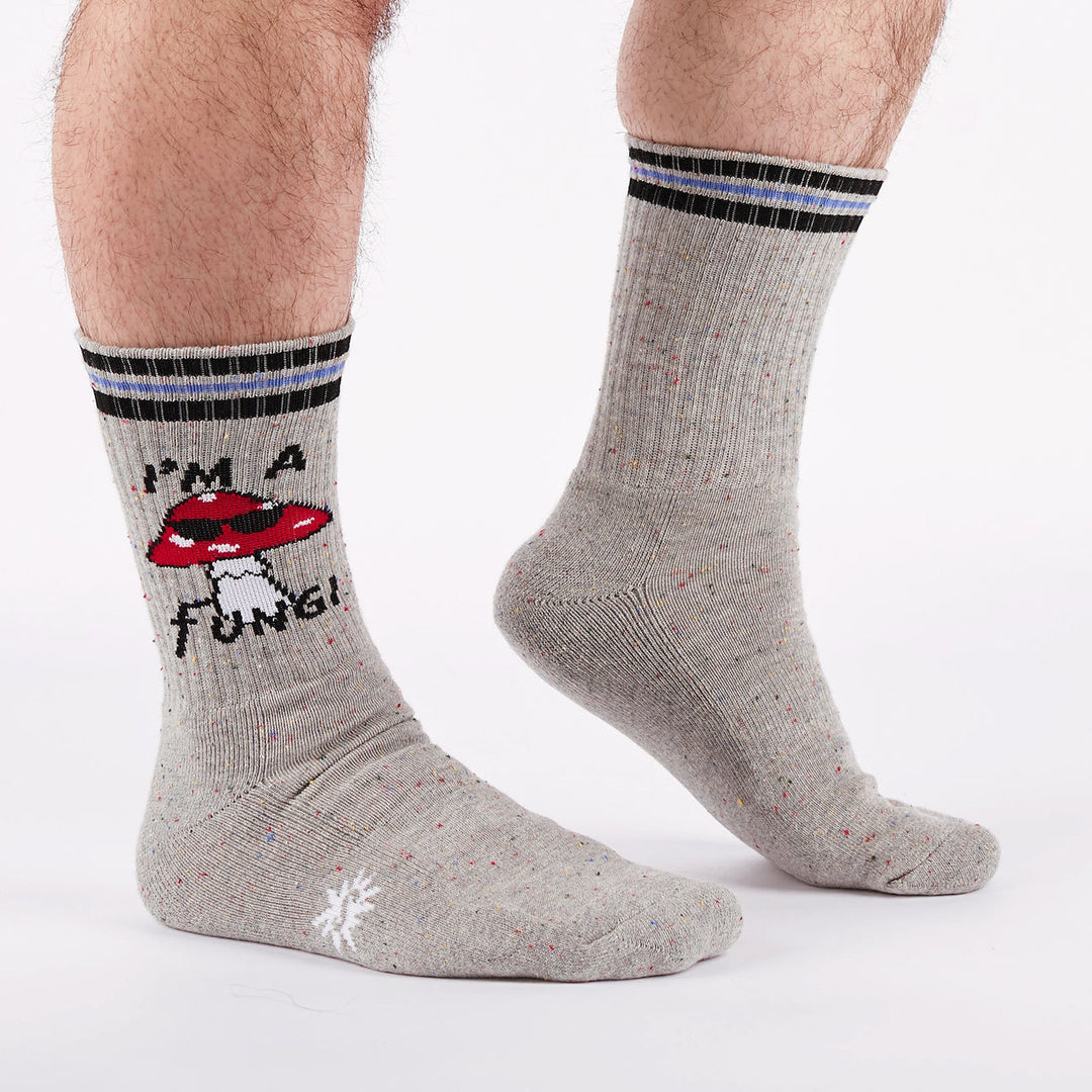 Men's mushroom ribbed crew socks worn, side view, heather gray with stripes