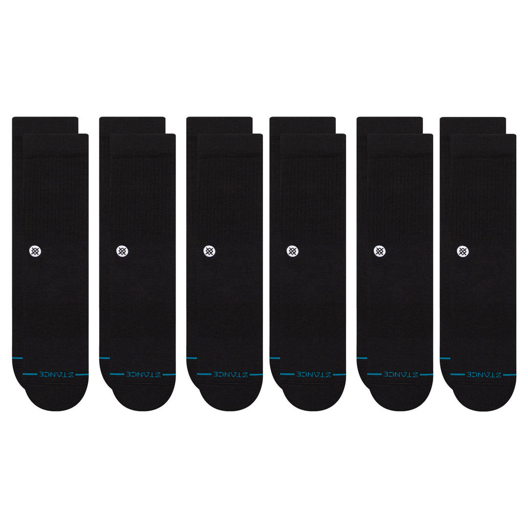 Men's black crew socks 6-pack lined up, flat top-down view