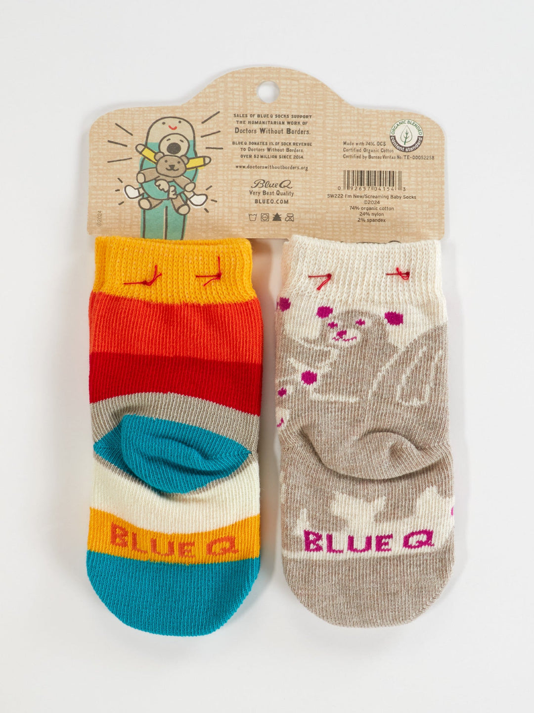 Two pairs of Blue Q baby socks, "Hello I&