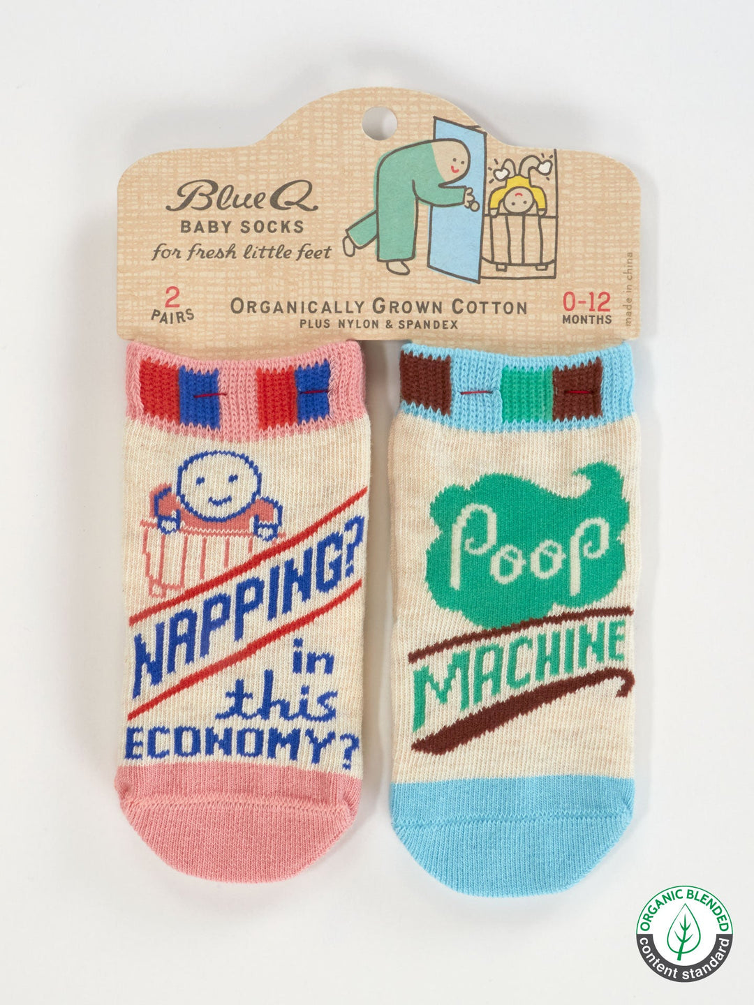 Blue Q Napping? In This Economy?/Poop Machine Baby Socks: OCS Certified organic cotton, two-pack on a hanger. One cream/pink with a smiling face and "Napping? in this economy?" text, one cream/blue with green "Poop Machine" lettering.