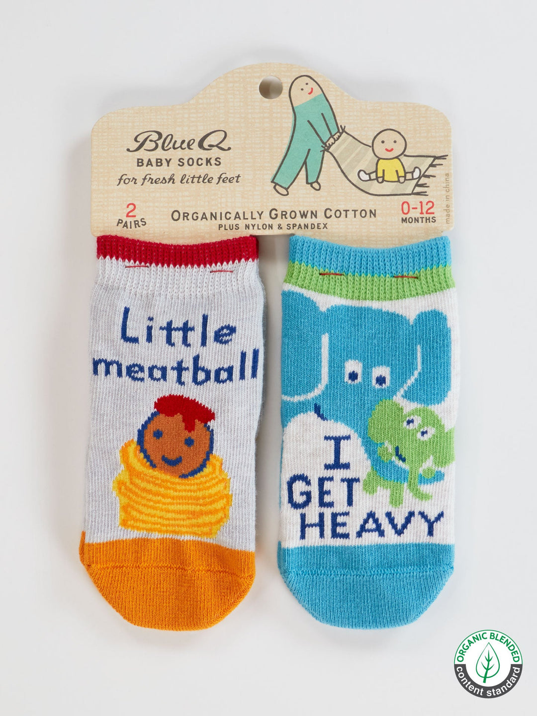 Blue Q’s Little Meatball/I Get Heavy Baby Socks set features one sock with “Little meatball” and a spaghetti baby design, and the other with “I GET HEAVY” plus an elephant and frog—fun, colorful styles kids will adore!.