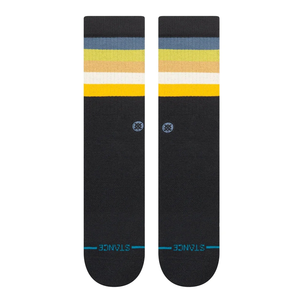 Men's striped crew socks in black, flat pair shown from the front