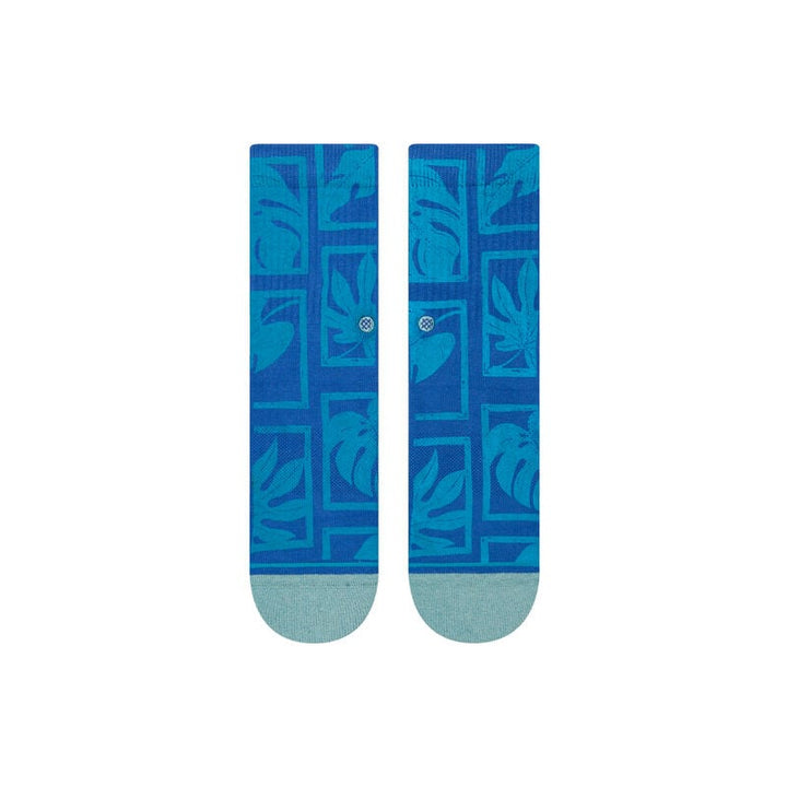 Women's Punaluu crew socks, flat back view showing palm and block pattern