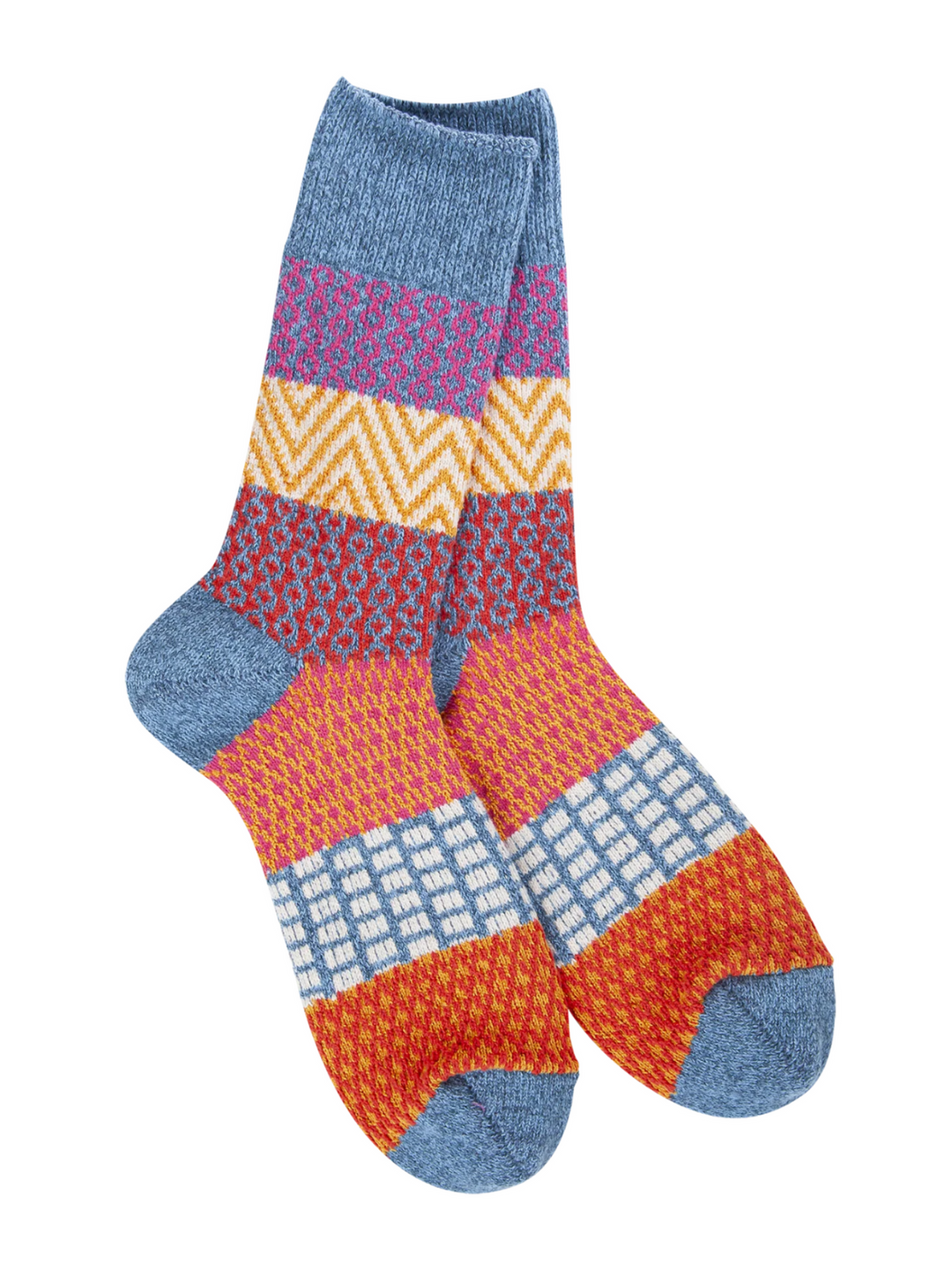 Women's heathered blue textured stripe crew socks with magenta and orange bands, flat lay