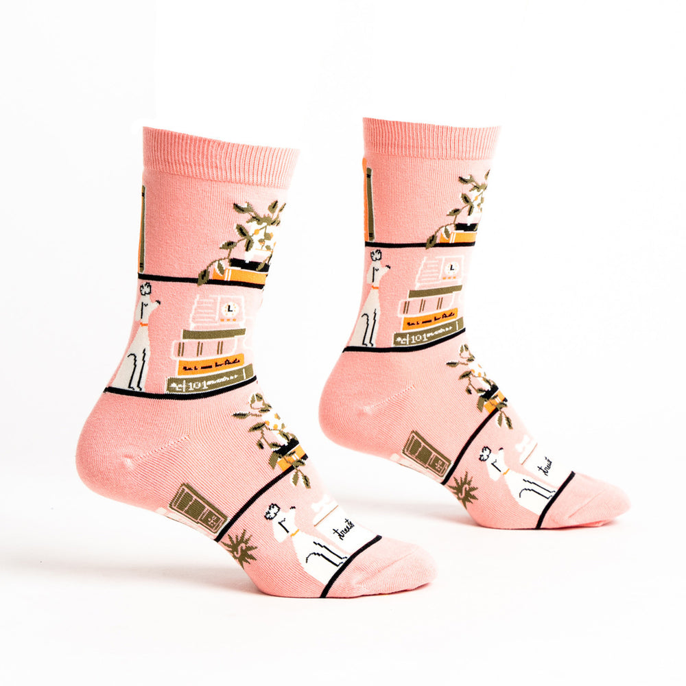 Women's bookshelf crew socks in blush pink, flat pair side view